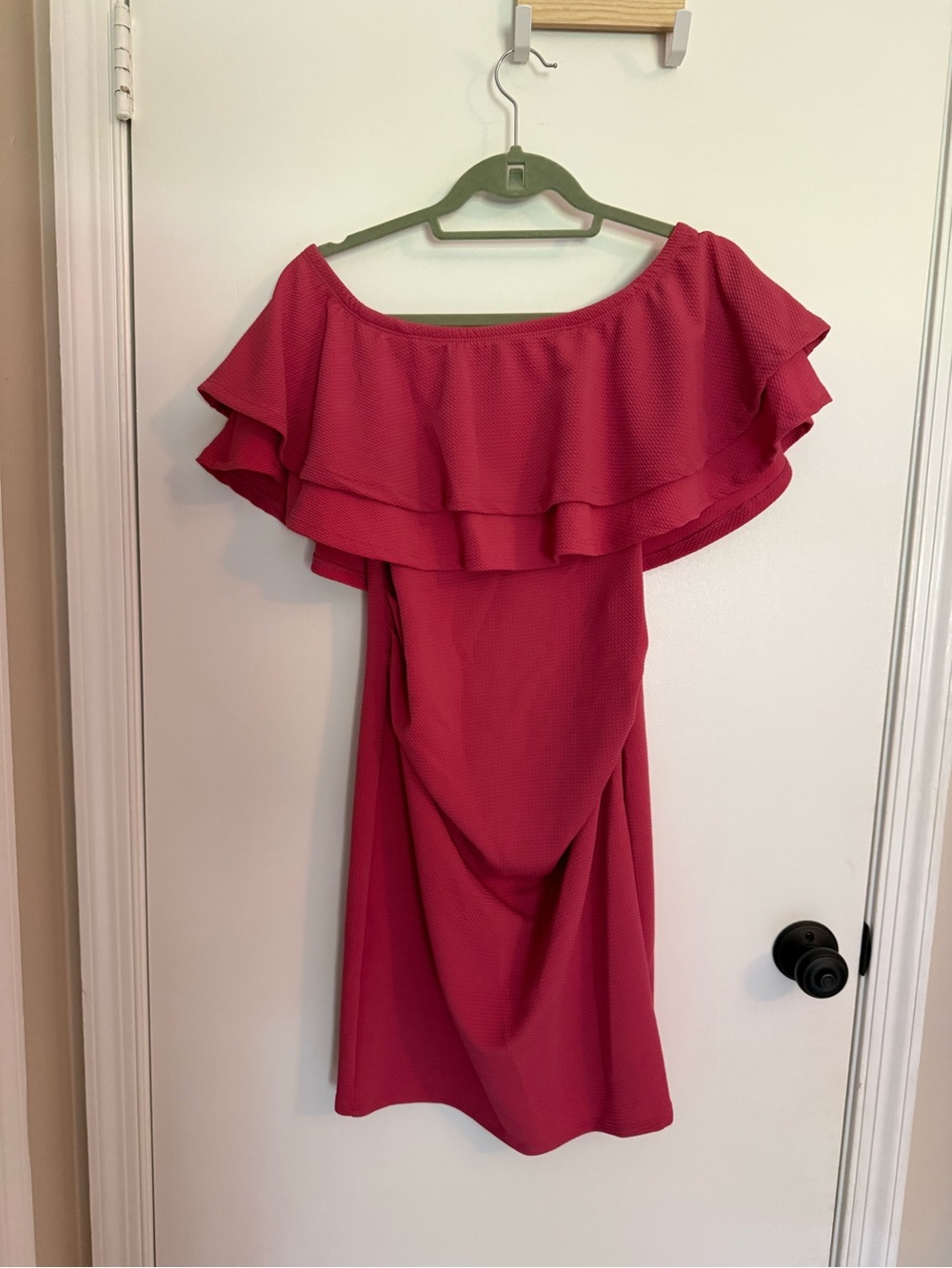 Maternity Off-Shoulder Ruffle Midi Dress in Hot Pink